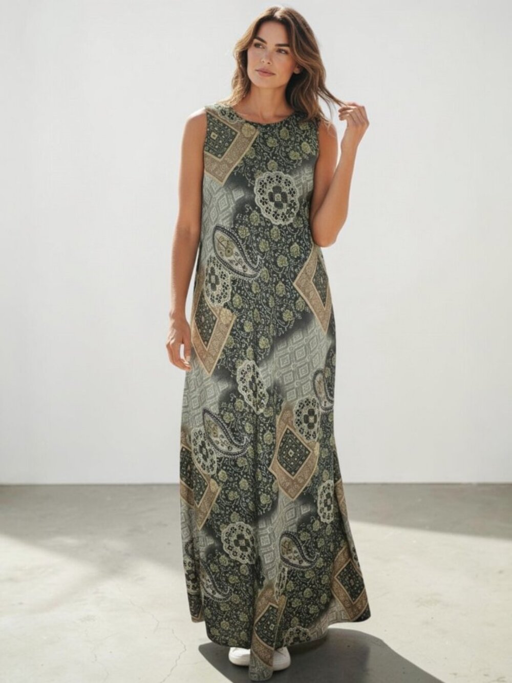 VTG 90s Maxi Dress Sleeveless Sz 12 Green Floral Paisley Fairy Grunge